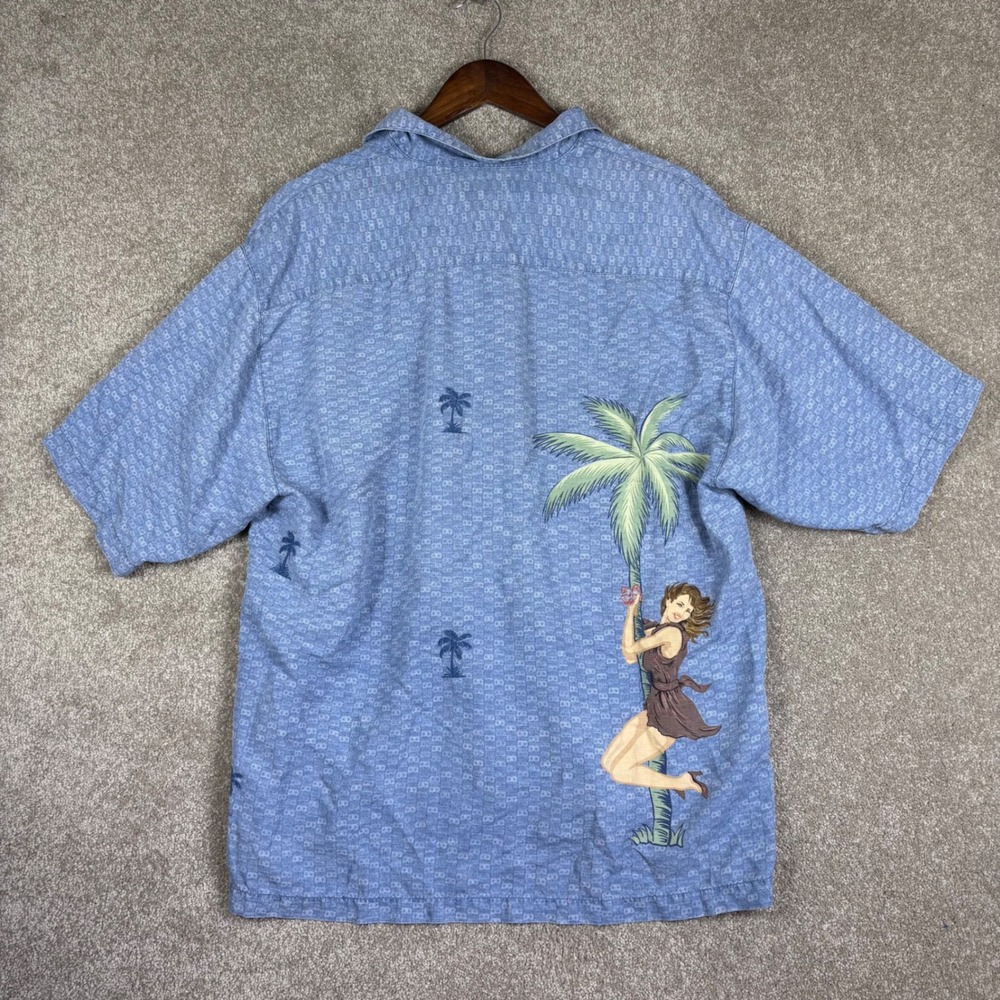 Tommy Bahama Mens Large Blue Silk Palm Tree Pinup Girl Graphic Camp Shirt